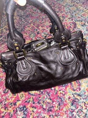 Dark Brown Leather Studded Bambga Paddington Satchel Handbag